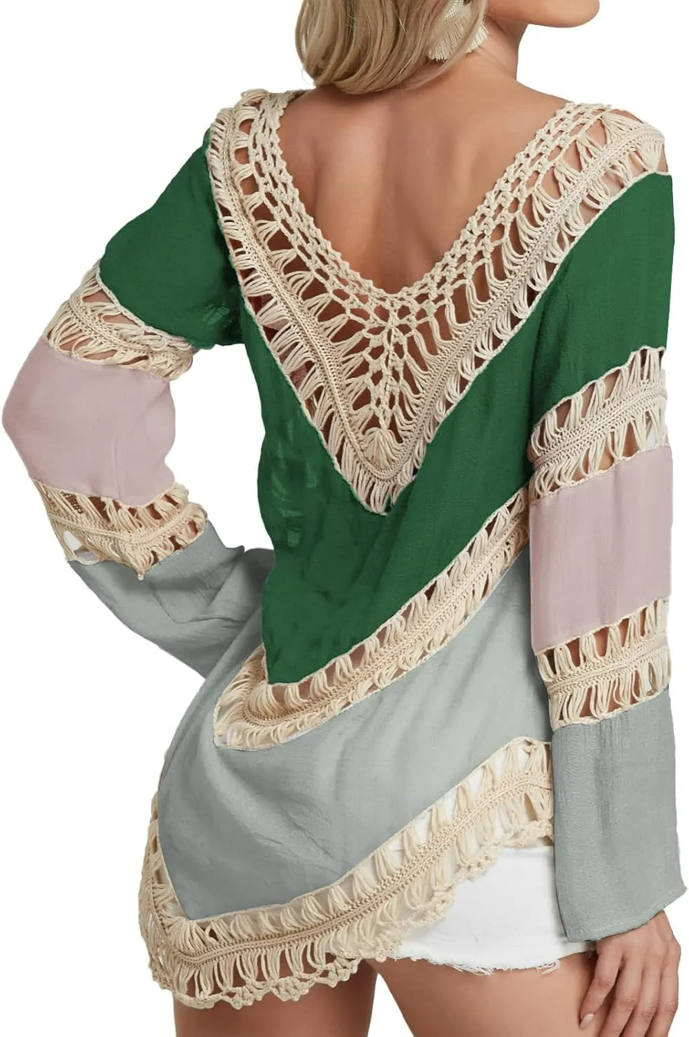 Womens Boho V Neck Crochet Tunic Tops Blouse Shirt Hollow Out Beach Swimsuit Cover up