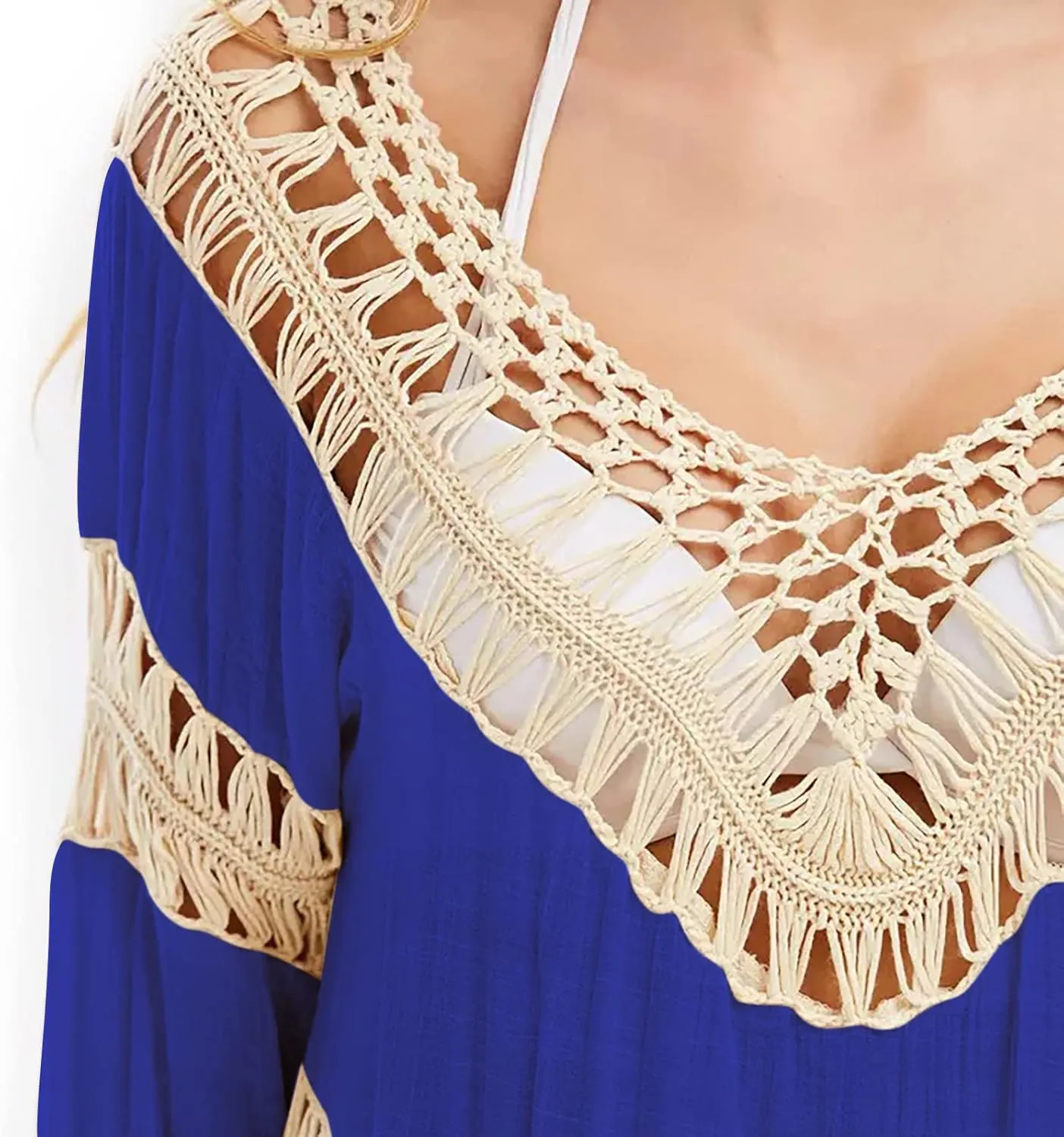Womens Boho V Neck Crochet Tunic Tops Blouse Shirt Hollow Out Beach Swimsuit Cover up