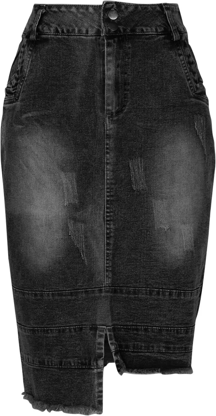 Women's Casual Asymmetrical Jeans Skirt Fashion Irregular Hem High Waist Washed Bodycon Denim Midi Skirt with Pocket