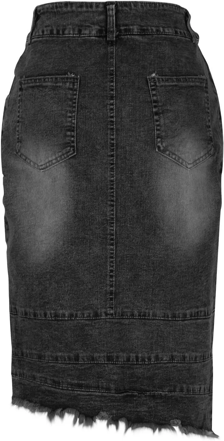 Women's Casual Asymmetrical Jeans Skirt Fashion Irregular Hem High Waist Washed Bodycon Denim Midi Skirt with Pocket