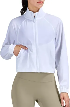 Women's Cropped Lightweight Running Track Jackets ZIP UP UPF 50  Long Sleeve Sun Protection Athletic Tops