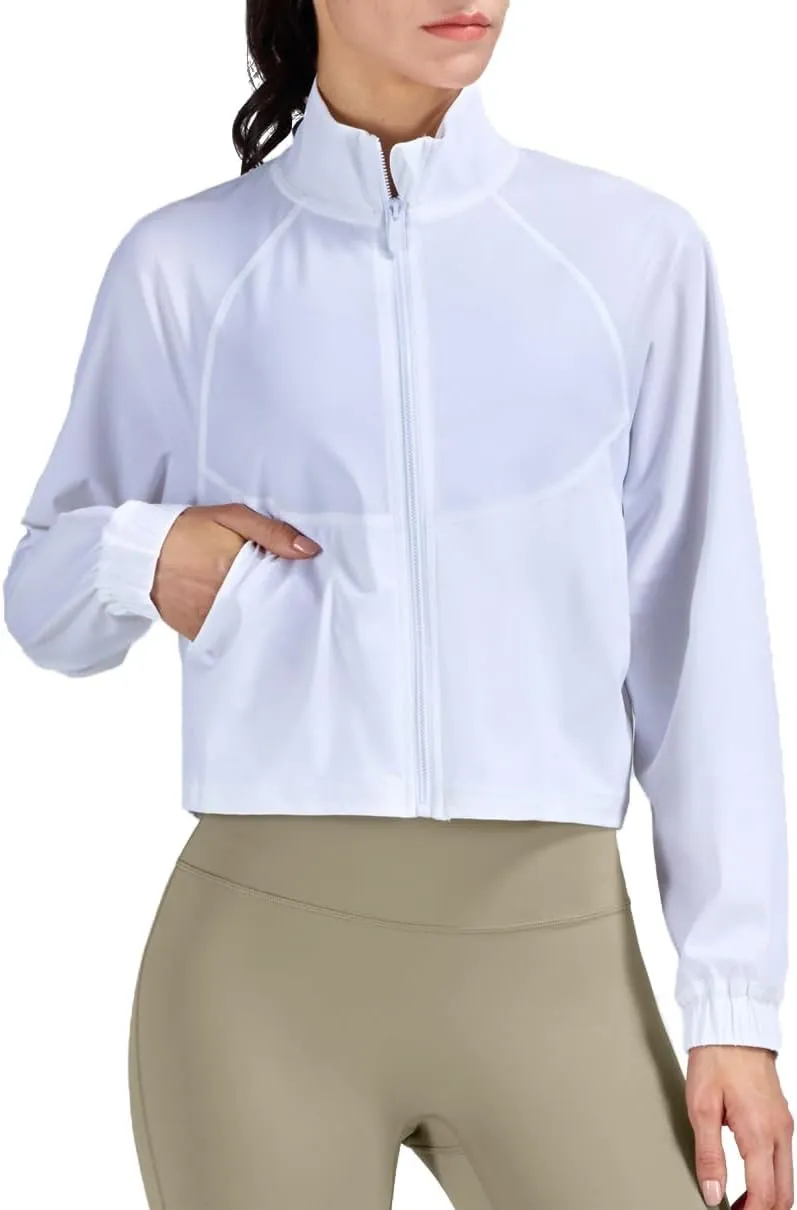 Women's Cropped Lightweight Running Track Jackets ZIP UP UPF 50  Long Sleeve Sun Protection Athletic Tops