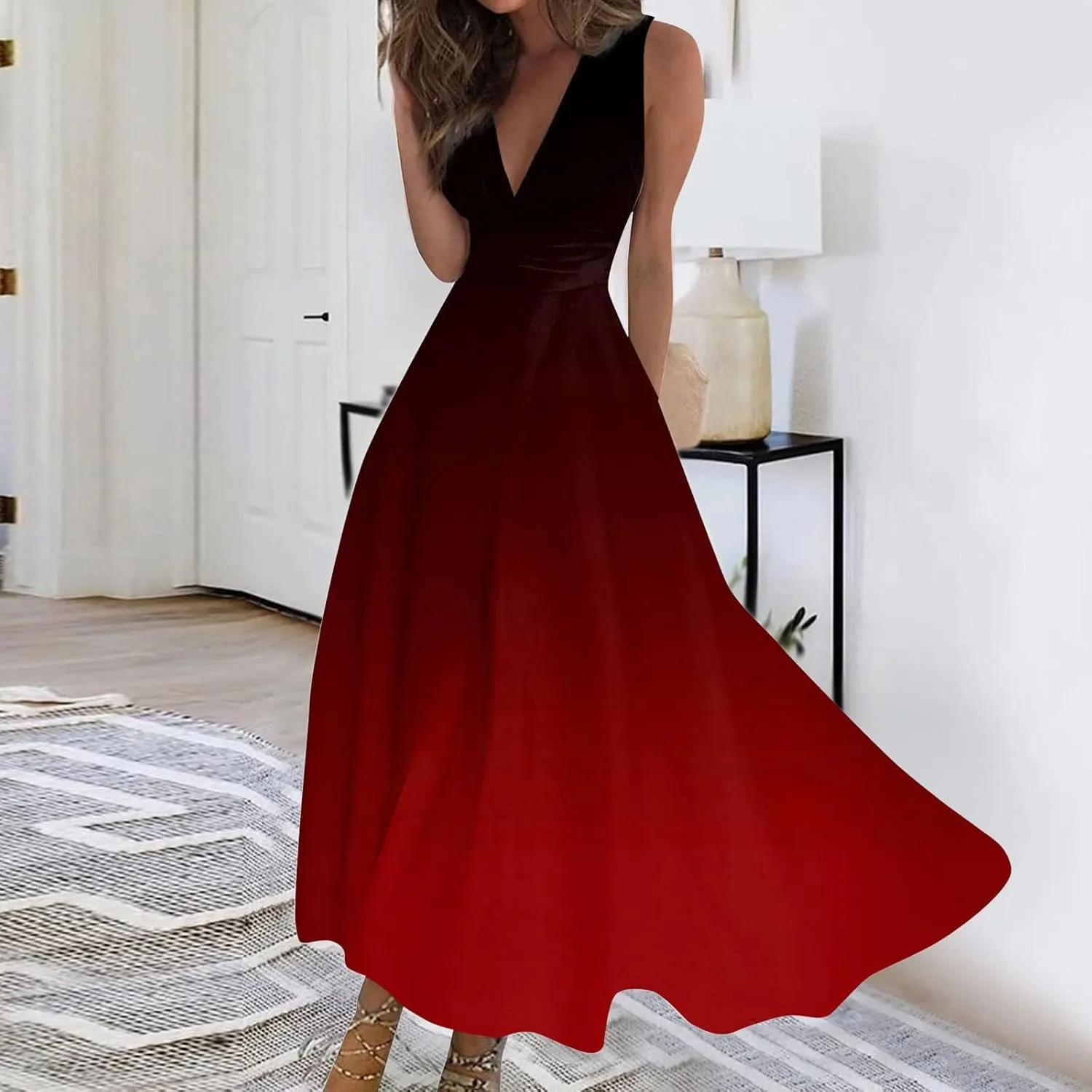 Womens Dresses Flowy Ruched Sleeveless Boho Dress Wrap V Neck Floral Print Beach Dresses Elegant Sundresses
