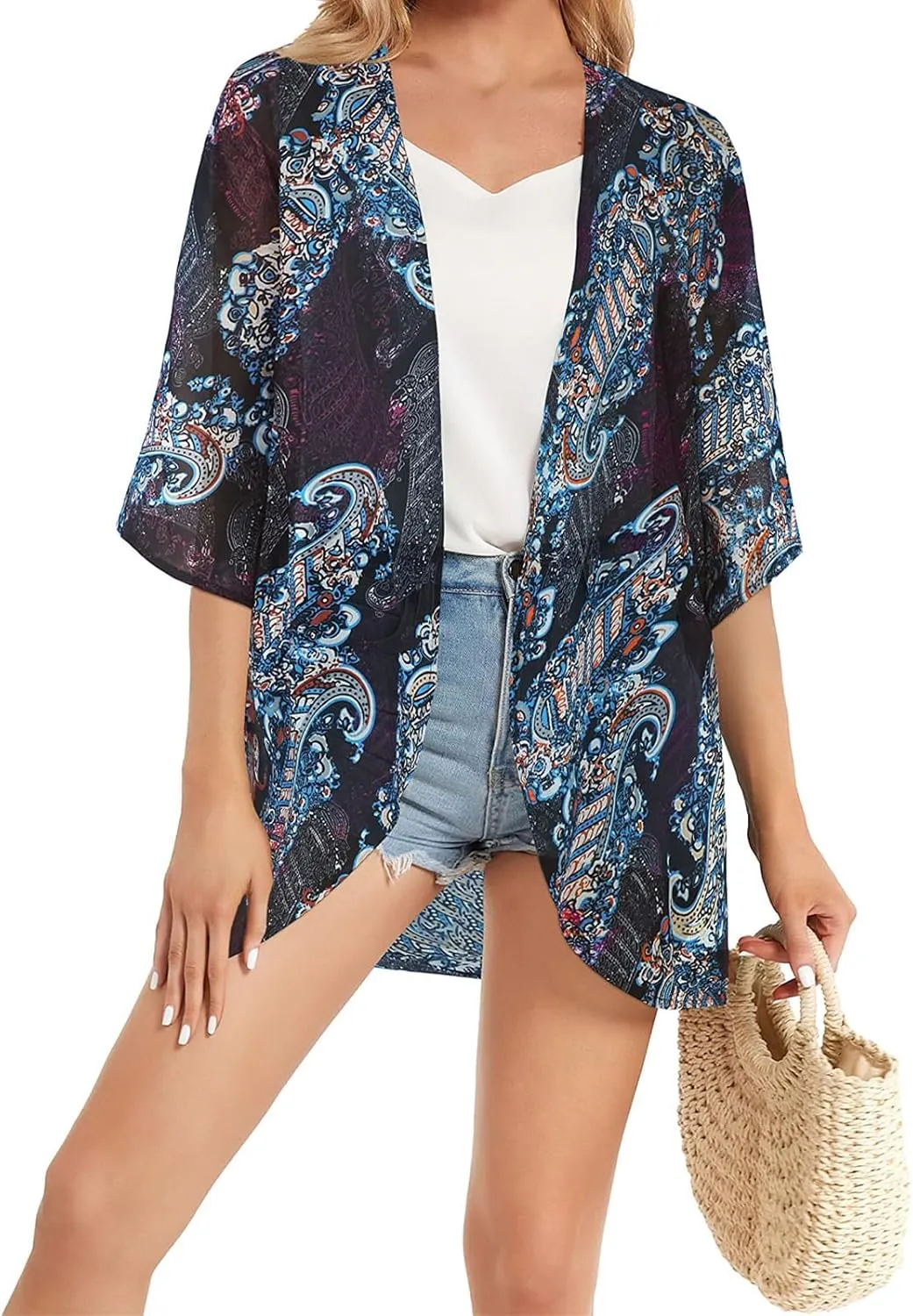 Women's Floral Cardigan Coverups Bohemian Kimono Loose Cover Up Tops Beach Swimsuit Puff Sleeve Blouse Female Chiffon Summer