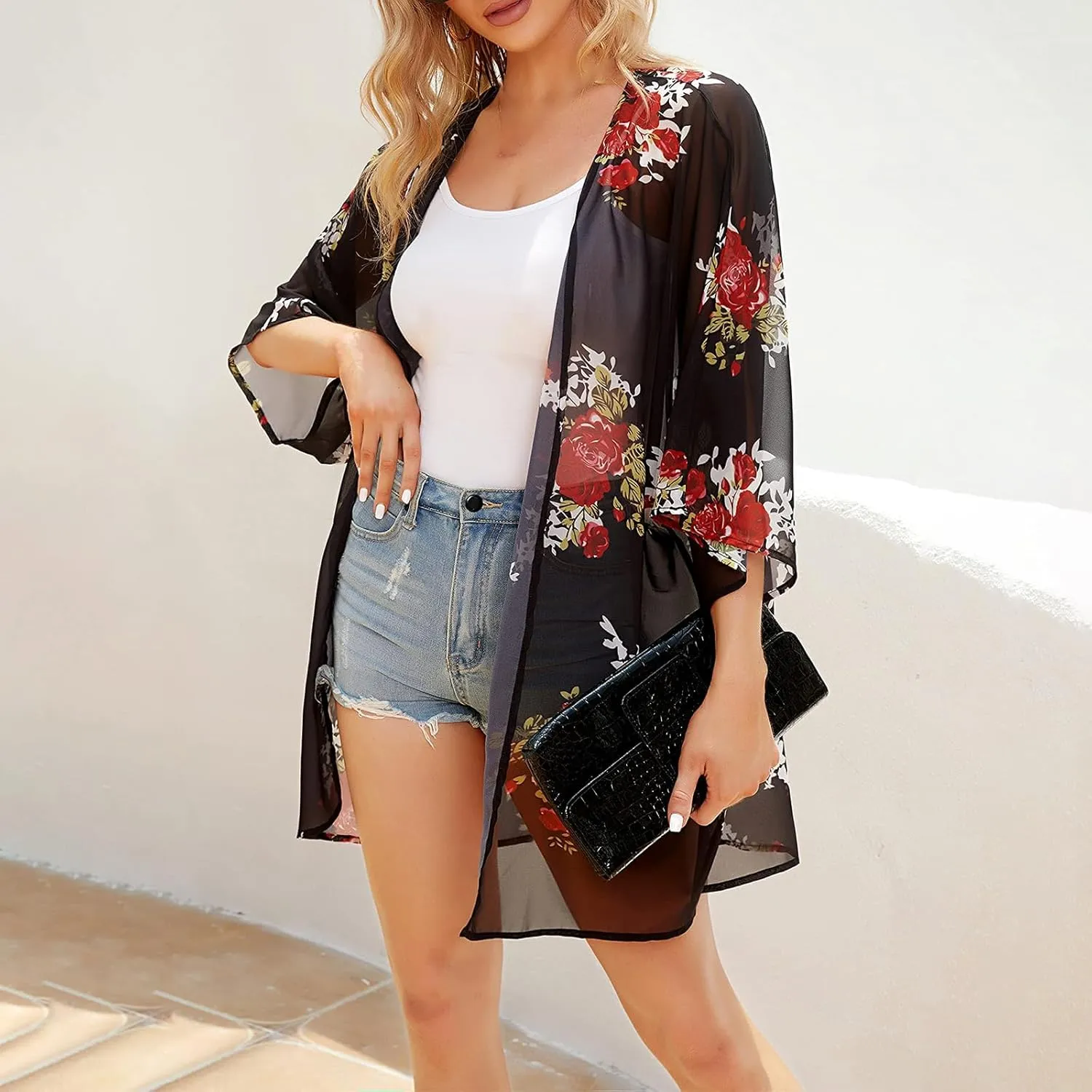 Women's Floral Cardigan Coverups Bohemian Kimono Loose Cover Up Tops Beach Swimsuit Puff Sleeve Blouse Female Chiffon Summer