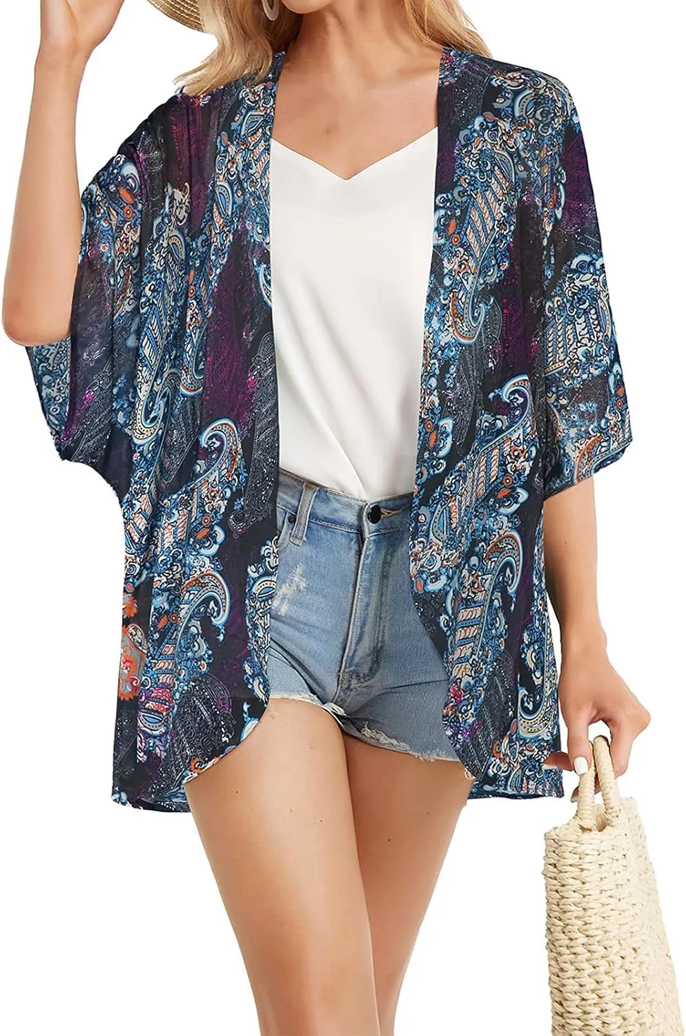 Women's Floral Cardigan Coverups Bohemian Kimono Loose Cover Up Tops Beach Swimsuit Puff Sleeve Blouse Female Chiffon Summer