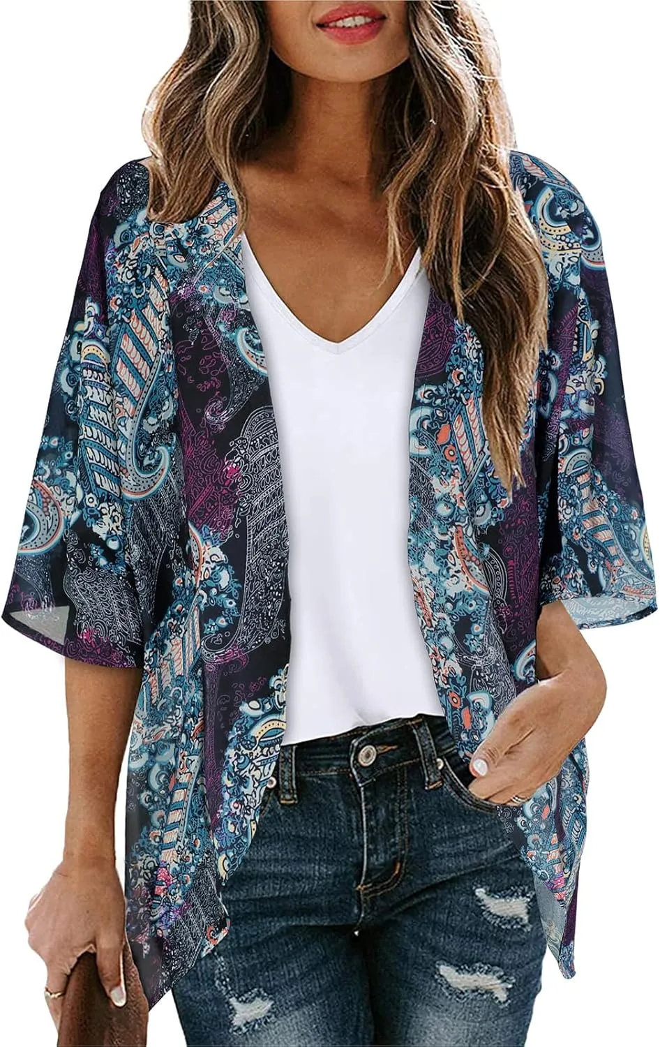 Women's Floral Cardigan Coverups Bohemian Kimono Loose Cover Up Tops Beach Swimsuit Puff Sleeve Blouse Female Chiffon Summer