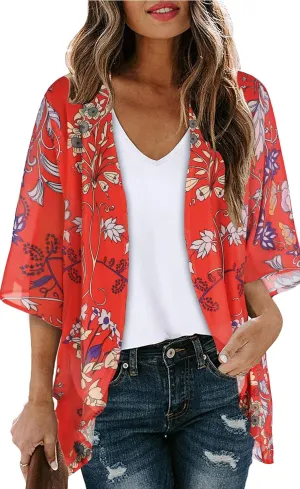 Women's Floral Cardigan Coverups Bohemian Kimono Loose Cover Up Tops Beach Swimsuit Puff Sleeve Blouse Female Chiffon Summer