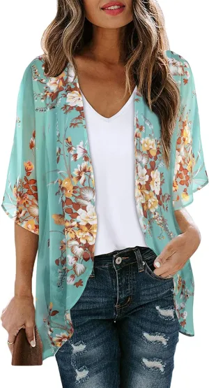 Women's Floral Cardigan Coverups Bohemian Kimono Loose Cover Up Tops Beach Swimsuit Puff Sleeve Blouse Female Chiffon Summer