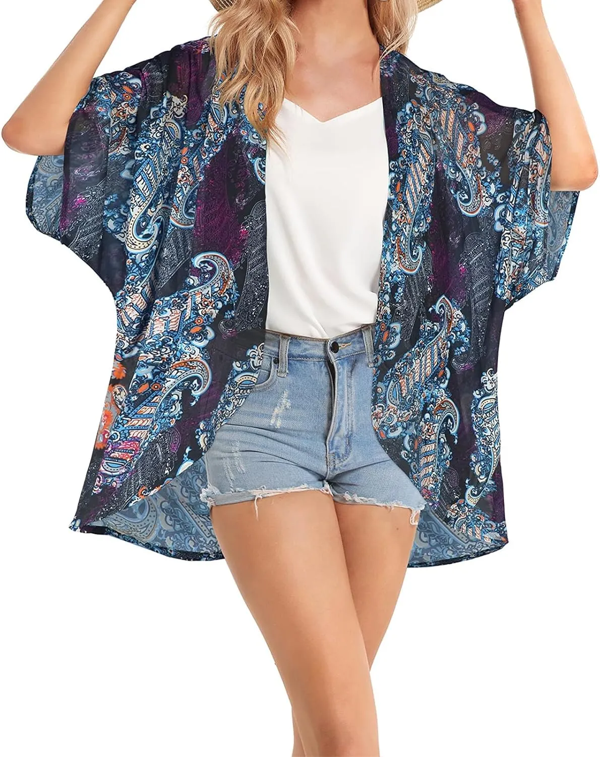 Women's Floral Cardigan Coverups Bohemian Kimono Loose Cover Up Tops Beach Swimsuit Puff Sleeve Blouse Female Chiffon Summer