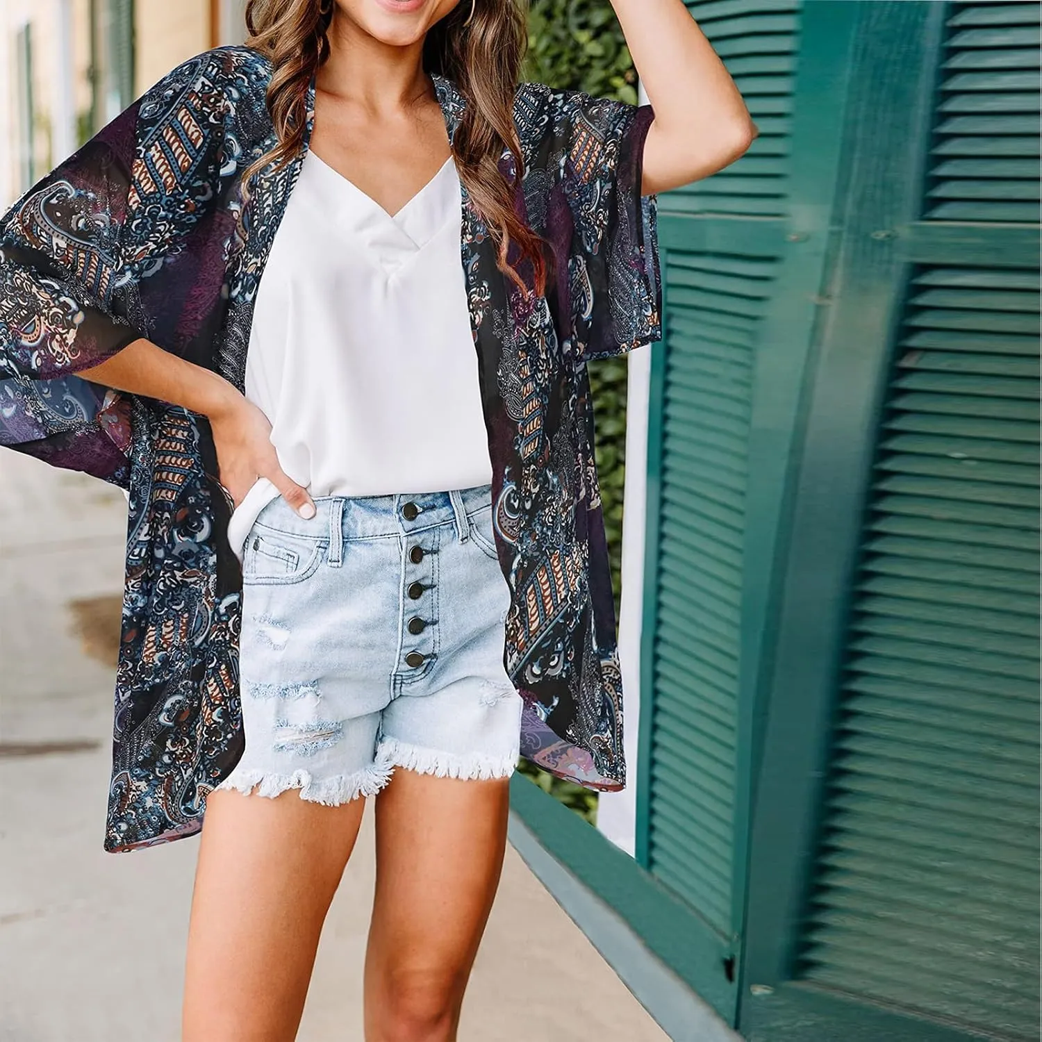Women's Floral Cardigan Coverups Bohemian Kimono Loose Cover Up Tops Beach Swimsuit Puff Sleeve Blouse Female Chiffon Summer