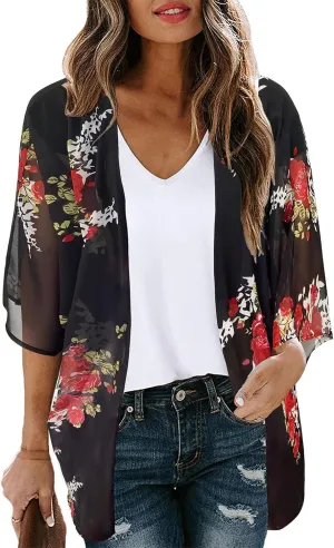 Women's Floral Cardigan Coverups Bohemian Kimono Loose Cover Up Tops Beach Swimsuit Puff Sleeve Blouse Female Chiffon Summer