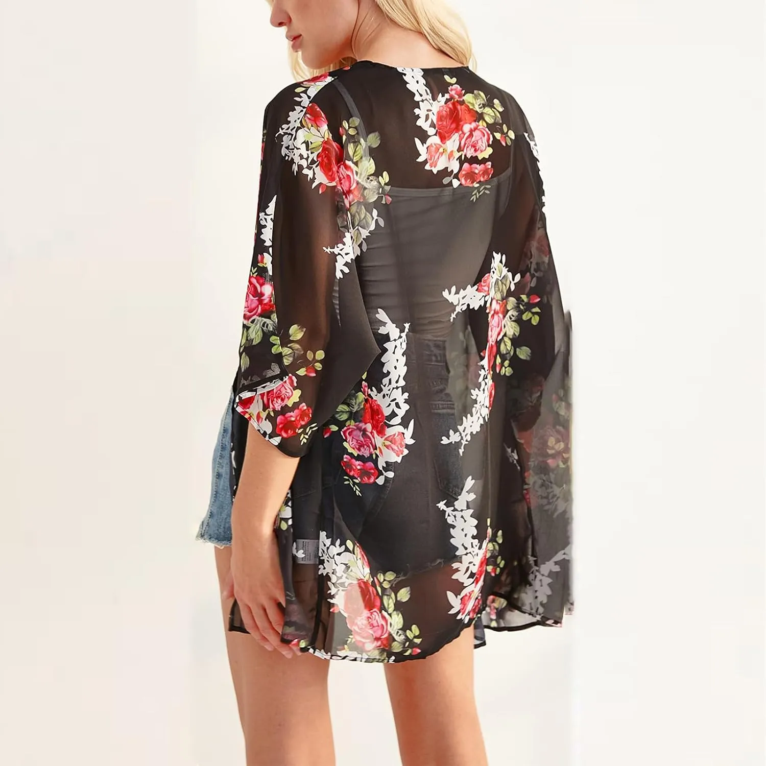 Women's Floral Cardigan Coverups Bohemian Kimono Loose Cover Up Tops Beach Swimsuit Puff Sleeve Blouse Female Chiffon Summer