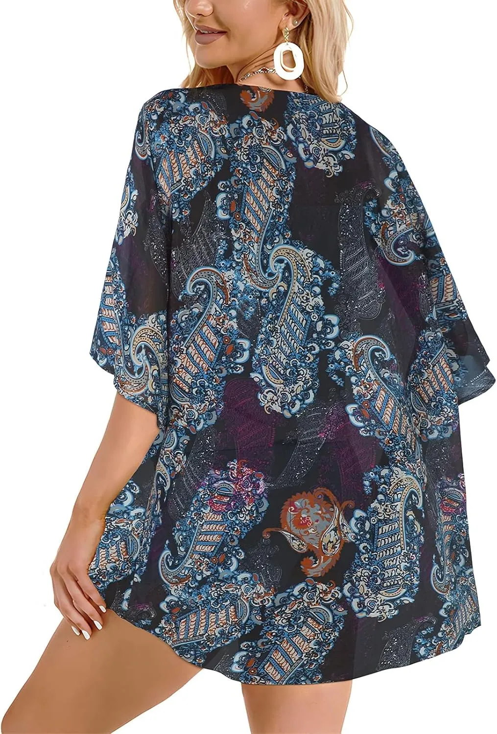 Women's Floral Cardigan Coverups Bohemian Kimono Loose Cover Up Tops Beach Swimsuit Puff Sleeve Blouse Female Chiffon Summer