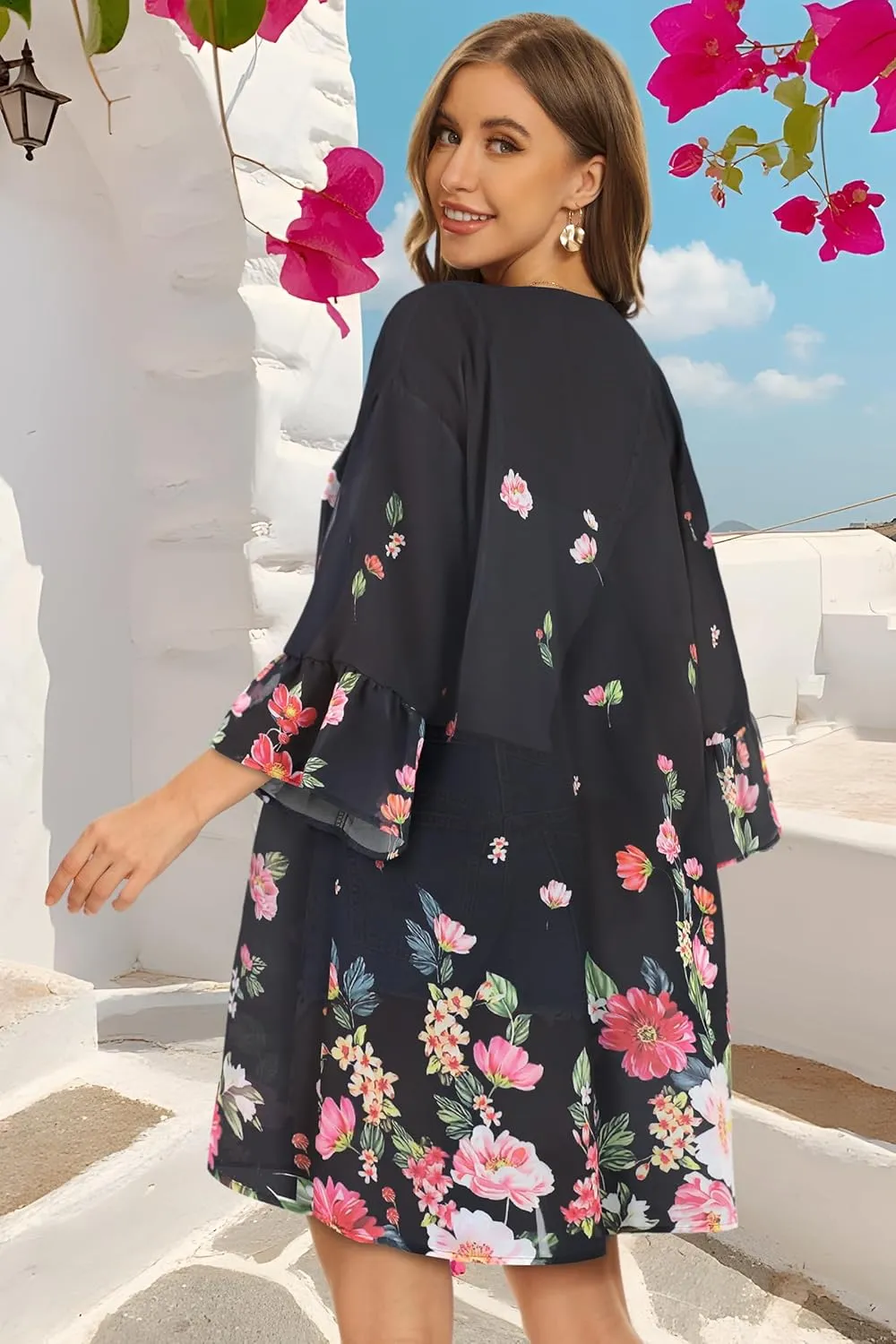 Women's Kimono Cardigans Floral Chiffon Loose Open Front Casual Summer Tops