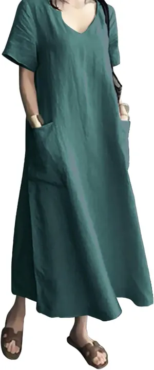Women's Maxi Dress Solid Plus Size Loose Cotton Linen Long Dresses with Pockets