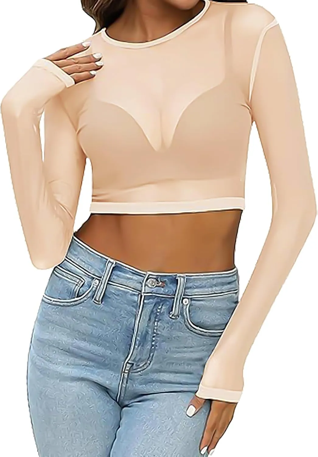 Women's Mesh Long Sleeve Top See Through Shirt Sexy High Crew Neck Sheer Blouse