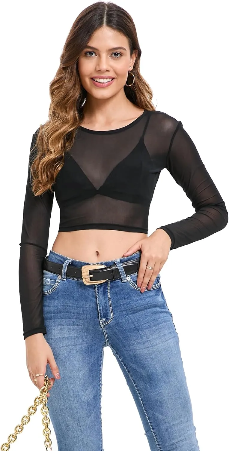 Women's Mesh Tops See Through Shirts Long Sleeve Bodycon Clubwear Crop Sheer Blouses