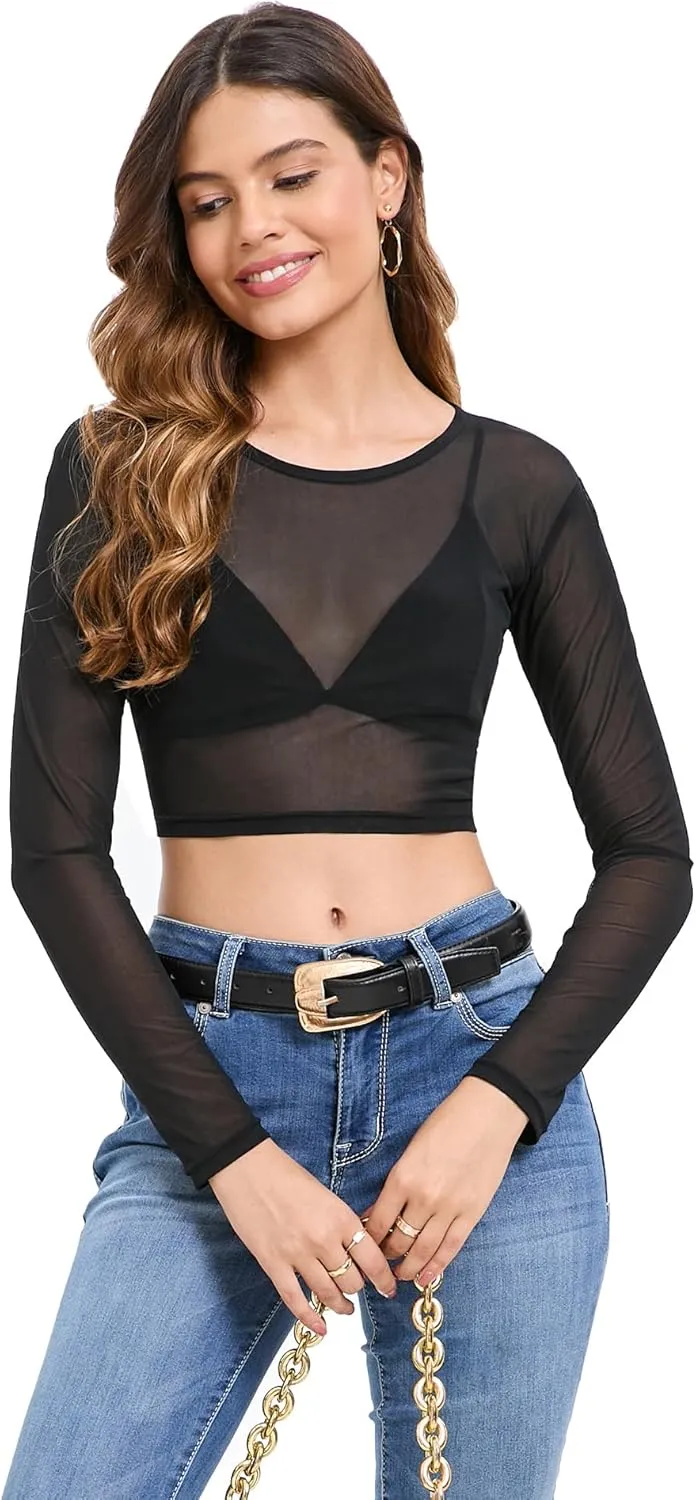 Women's Mesh Tops See Through Shirts Long Sleeve Bodycon Clubwear Crop Sheer Blouses