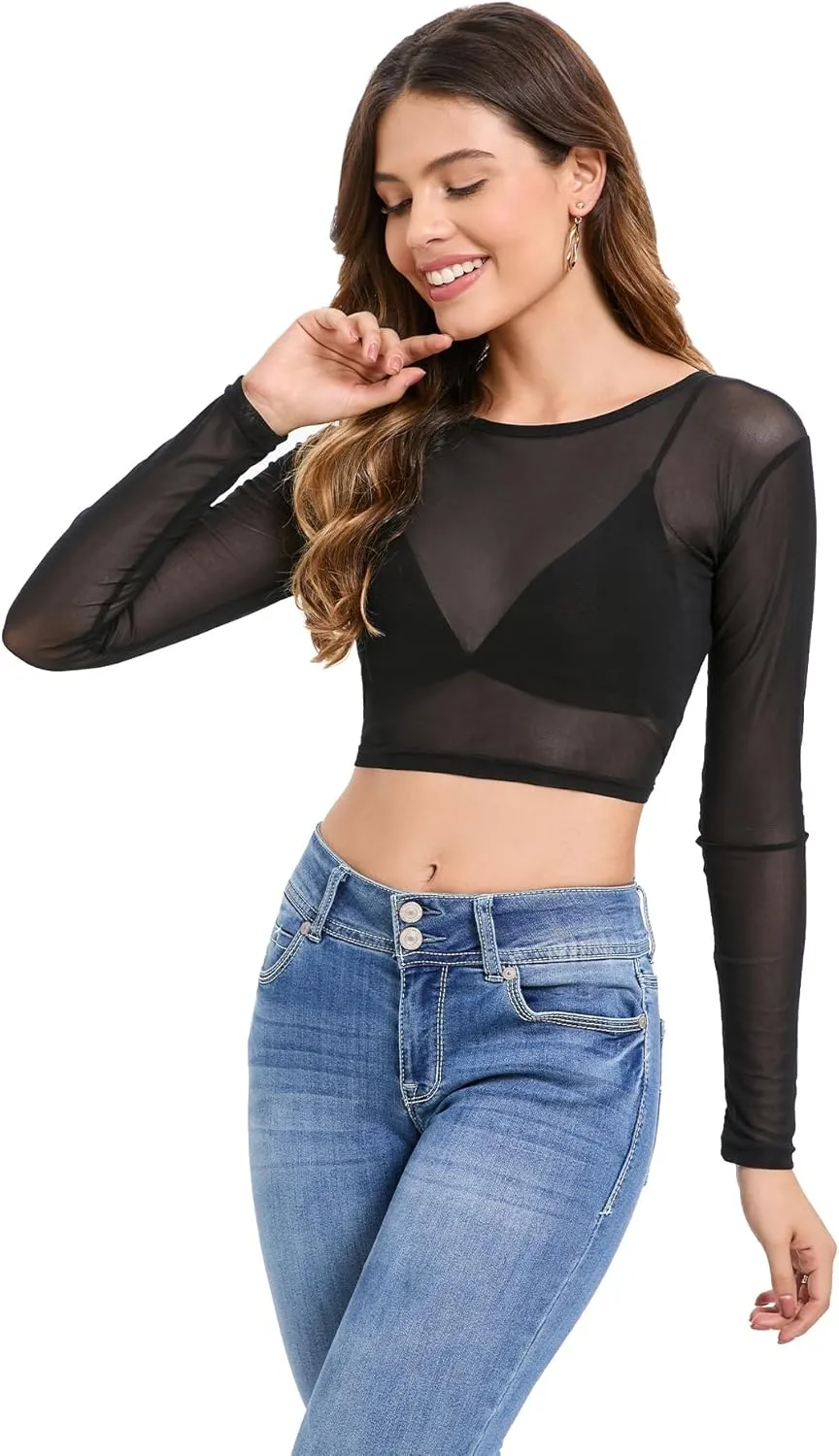 Women's Mesh Tops See Through Shirts Long Sleeve Bodycon Clubwear Crop Sheer Blouses