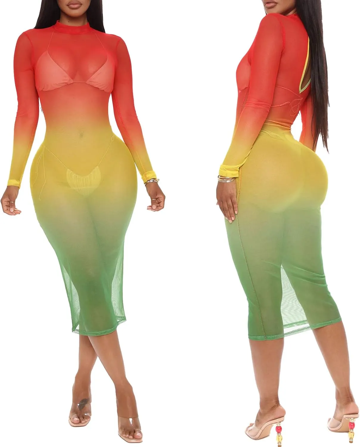 Women's Sheer Mesh Long Sleeve Bodycon Midi Dress Club Night Out Dresses Beach Cover Up Dress