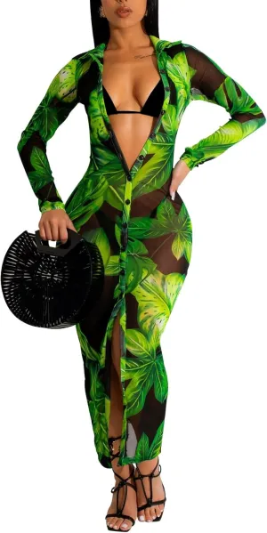 Women's Sheer Mesh Long Sleeve Bodycon Midi Dress Club Night Out Dresses Beach Cover Up Dress
