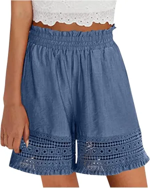 Women's Shorts Drawstring High Waist Cotton Shorts Pull on Hiking Cargo Shorts Cotton Wide Leg Pants Ropa Deportiva