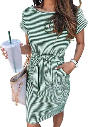 Women's Summer Casual T Shirt Dresses Tie Waist Business Causal Outfits