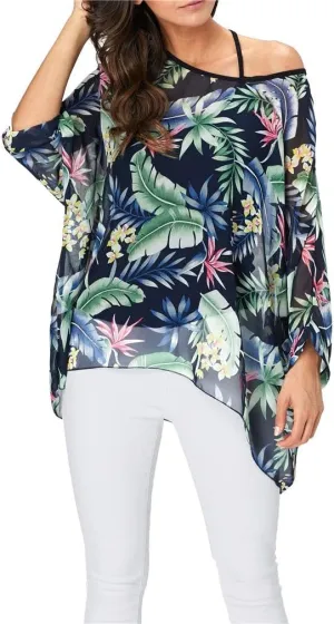Womens Summer Printed Batwing Sleeve Top Chiffon Poncho Casual Loose Sheer Blouse Shirt