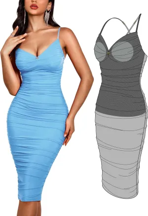Womens Summer Ruched Mesh Bodycon Midi Dress, Built-in Bra and Shapewear, Deep V-Neck and Spaghetti Straps