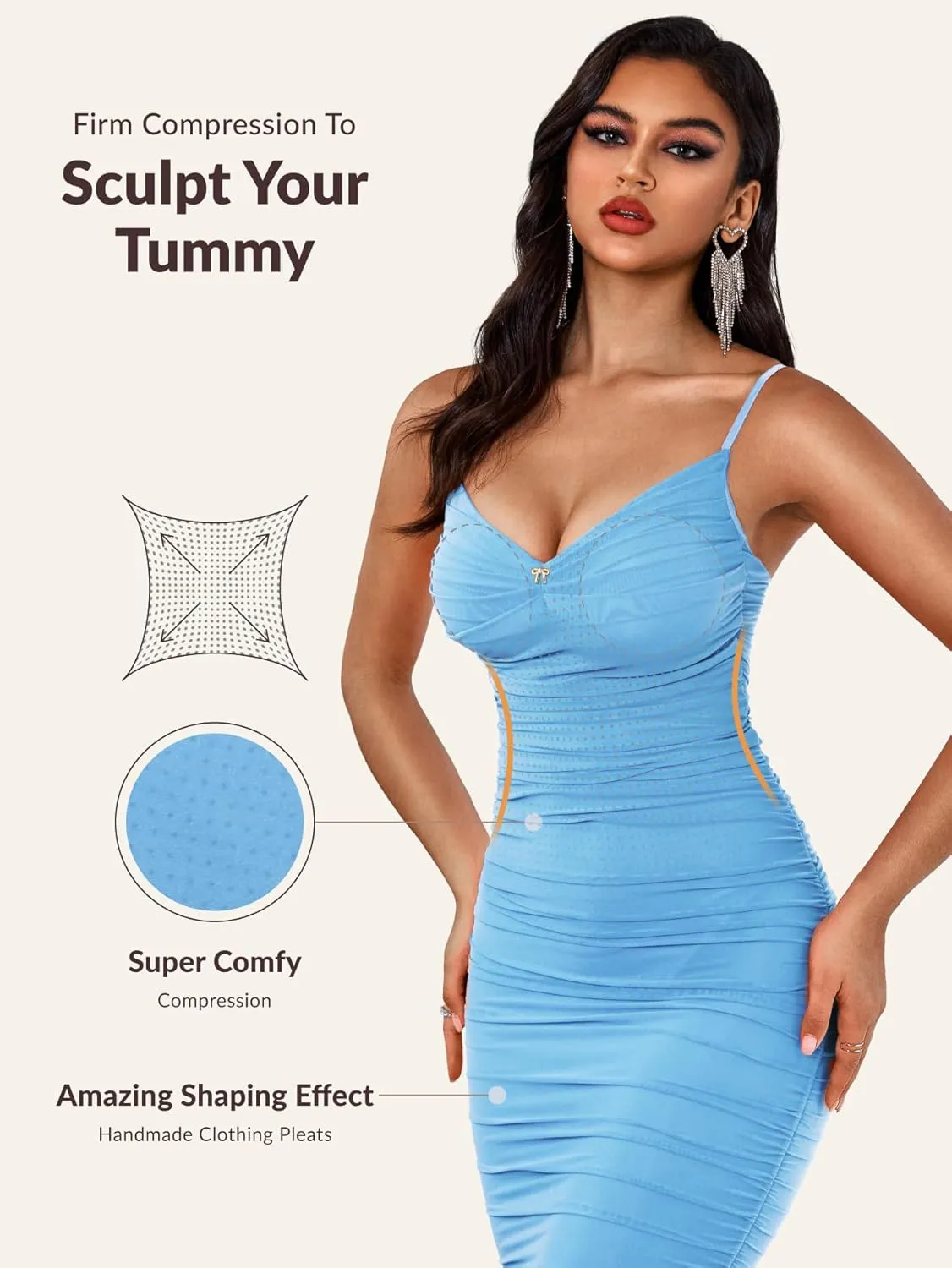 Womens Summer Ruched Mesh Bodycon Midi Dress, Built-in Bra and Shapewear, Deep V-Neck and Spaghetti Straps