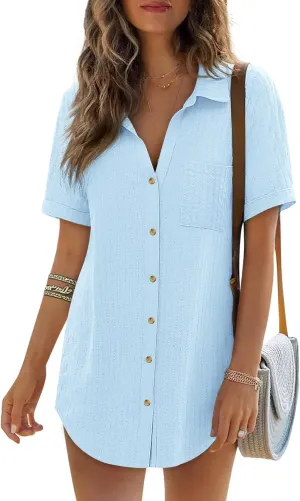 Women's Swim Cover Up Short Sleeve Polo Shirts Crochet Dressy Casual Button Down Blouses 2025 Summer Outfits