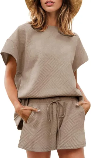 Wyeysyt Women's Loungewear Set 2 Piece Outfits Matching Lounge Short Sleeve Tops and Shorts Casual Pajamas Set with Pockets