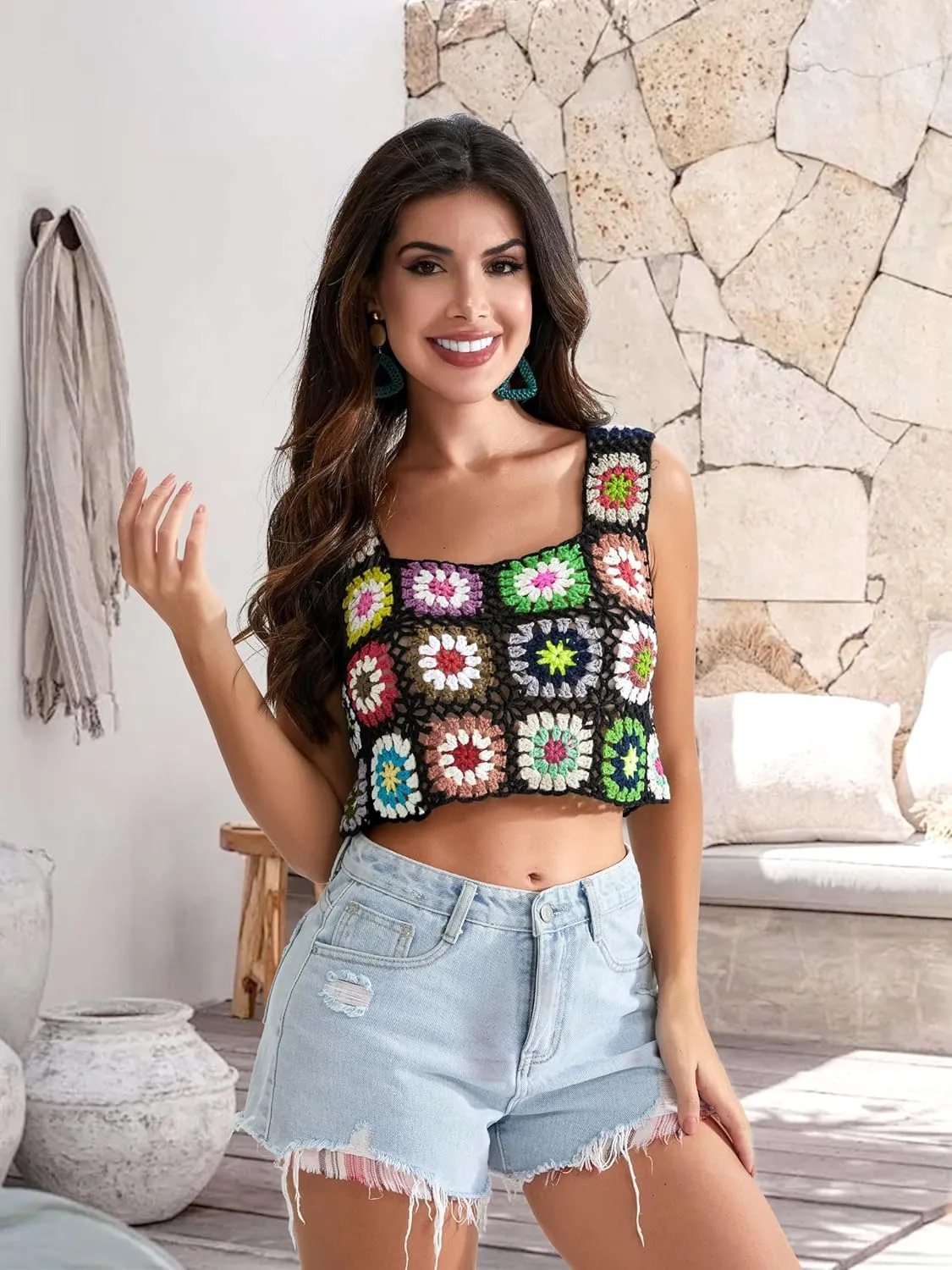 X-Small Size & Small Size Womens Crochet Tank Top Knit Colorful Floral Embroidery Summer Boho Camisole Hollow Out Top
