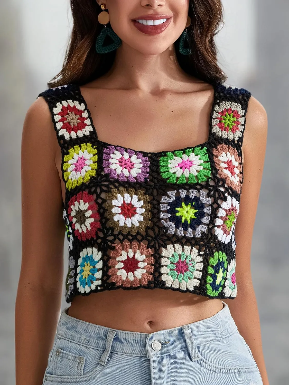 X-Small Size & Small Size Womens Crochet Tank Top Knit Colorful Floral Embroidery Summer Boho Camisole Hollow Out Top