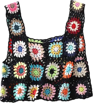 X-Small Size & Small Size Womens Crochet Tank Top Knit Colorful Floral Embroidery Summer Boho Camisole Hollow Out Top