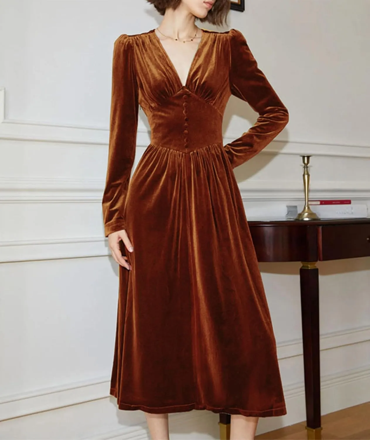 xxxiticat Women's Puff Sleeve Velvet Dress Long Lantern Sleeve V Neck Button Ruffle Pleated Single Breasted Maxi Party Dress