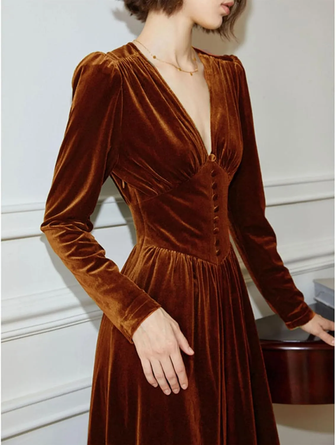 xxxiticat Women's Puff Sleeve Velvet Dress Long Lantern Sleeve V Neck Button Ruffle Pleated Single Breasted Maxi Party Dress