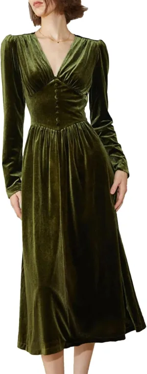 xxxiticat Women's Puff Sleeve Velvet Dress Long Lantern Sleeve V Neck Button Ruffle Pleated Single Breasted Maxi Party Dress