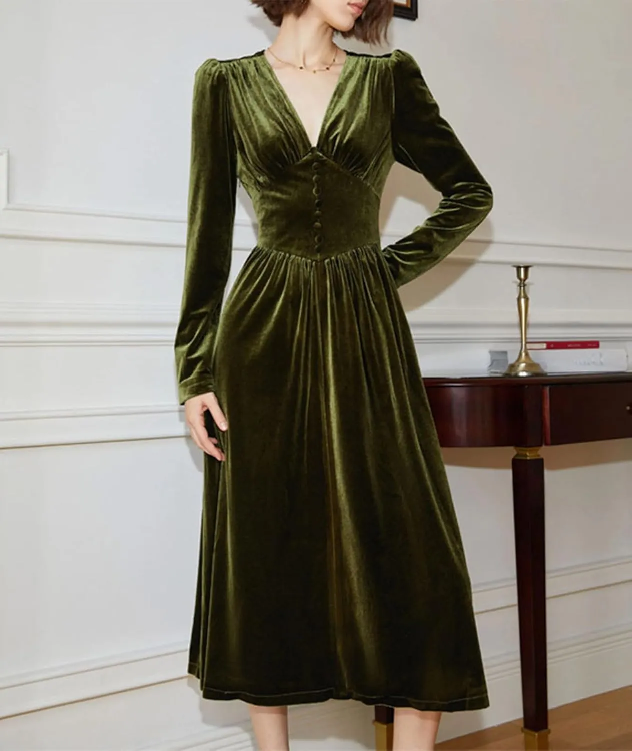 xxxiticat Women's Puff Sleeve Velvet Dress Long Lantern Sleeve V Neck Button Ruffle Pleated Single Breasted Maxi Party Dress