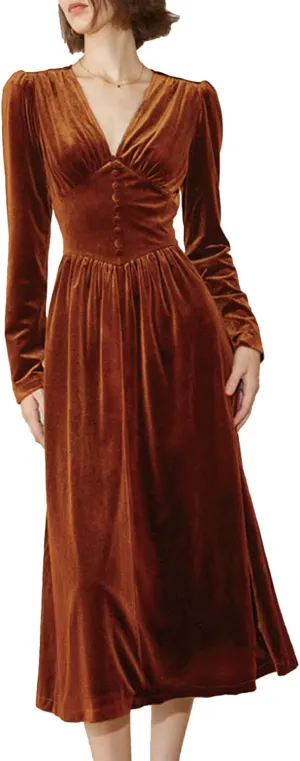 xxxiticat Women's Puff Sleeve Velvet Dress Long Lantern Sleeve V Neck Button Ruffle Pleated Single Breasted Maxi Party Dress