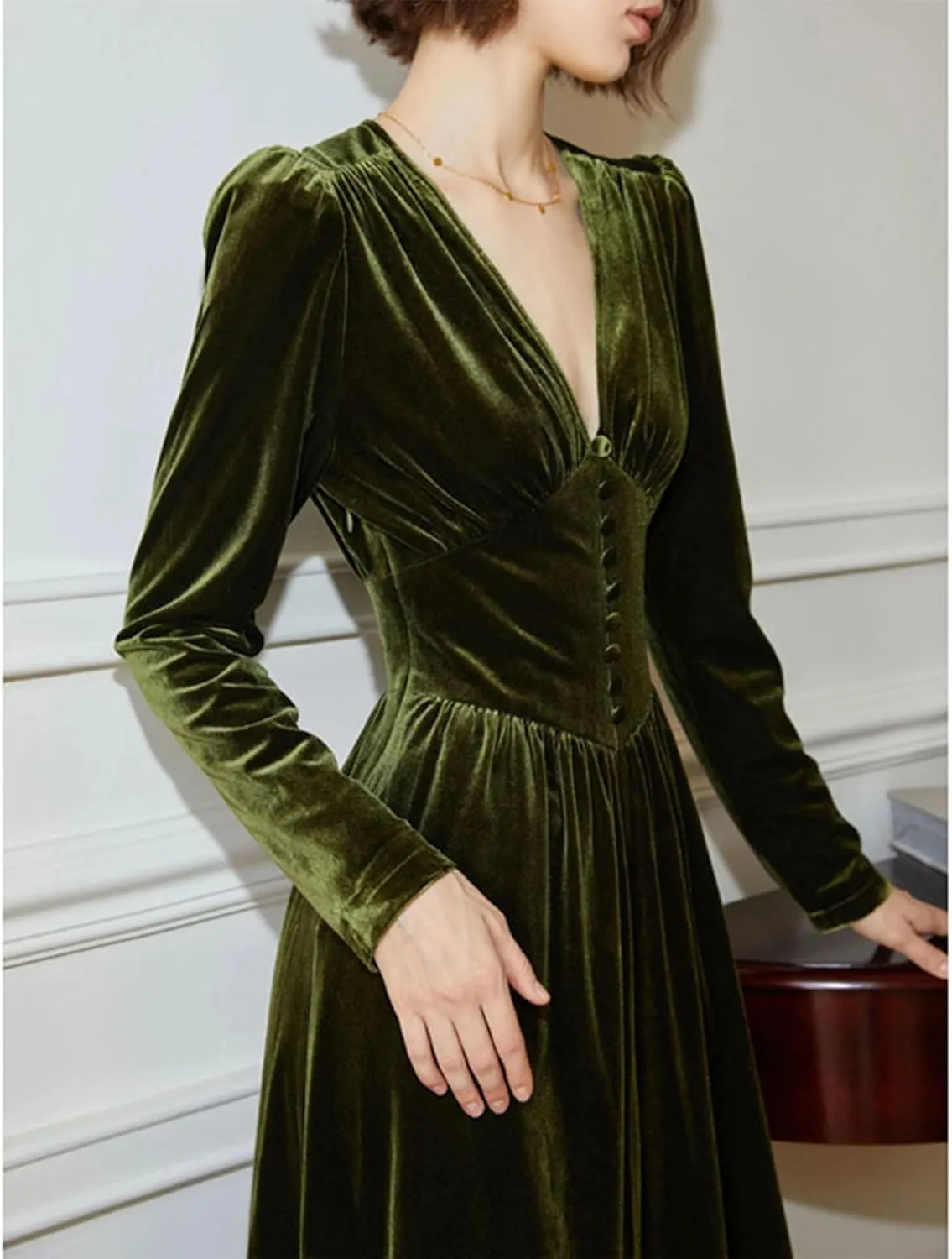 xxxiticat Women's Puff Sleeve Velvet Dress Long Lantern Sleeve V Neck Button Ruffle Pleated Single Breasted Maxi Party Dress