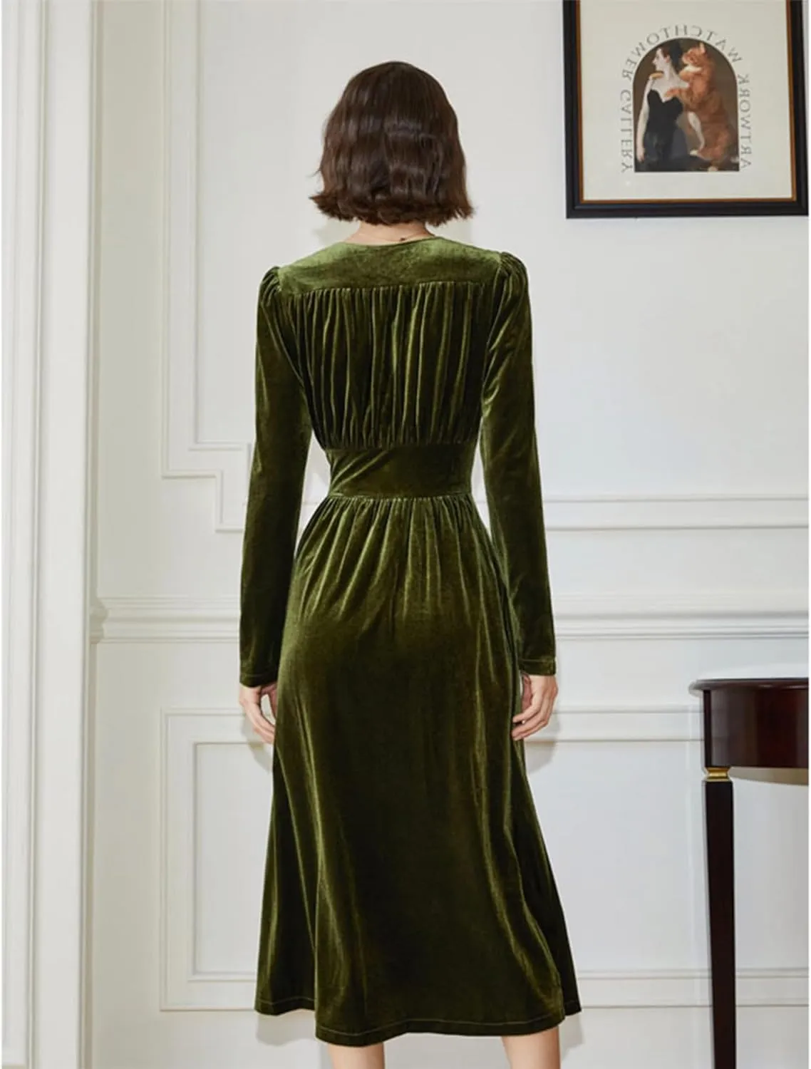 xxxiticat Women's Puff Sleeve Velvet Dress Long Lantern Sleeve V Neck Button Ruffle Pleated Single Breasted Maxi Party Dress