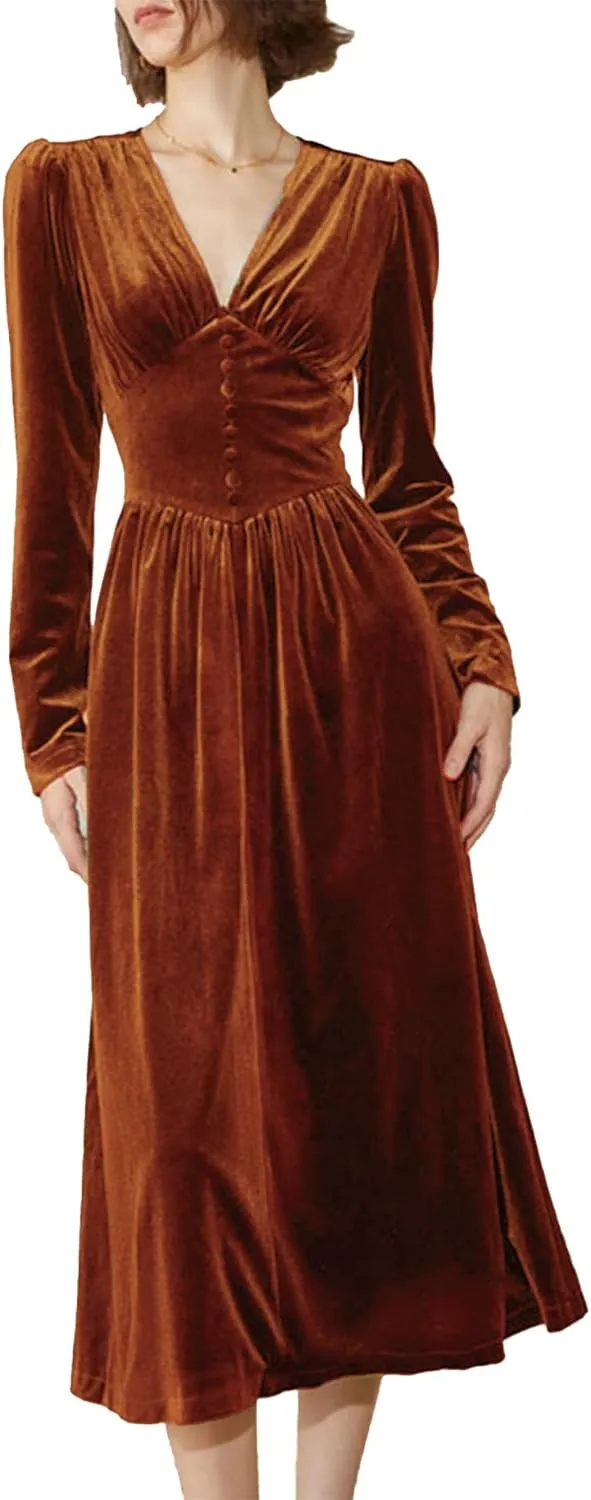 xxxiticat Women's Puff Sleeve Velvet Dress Long Lantern Sleeve V Neck Button Ruffle Pleated Single Breasted Maxi Party Dress