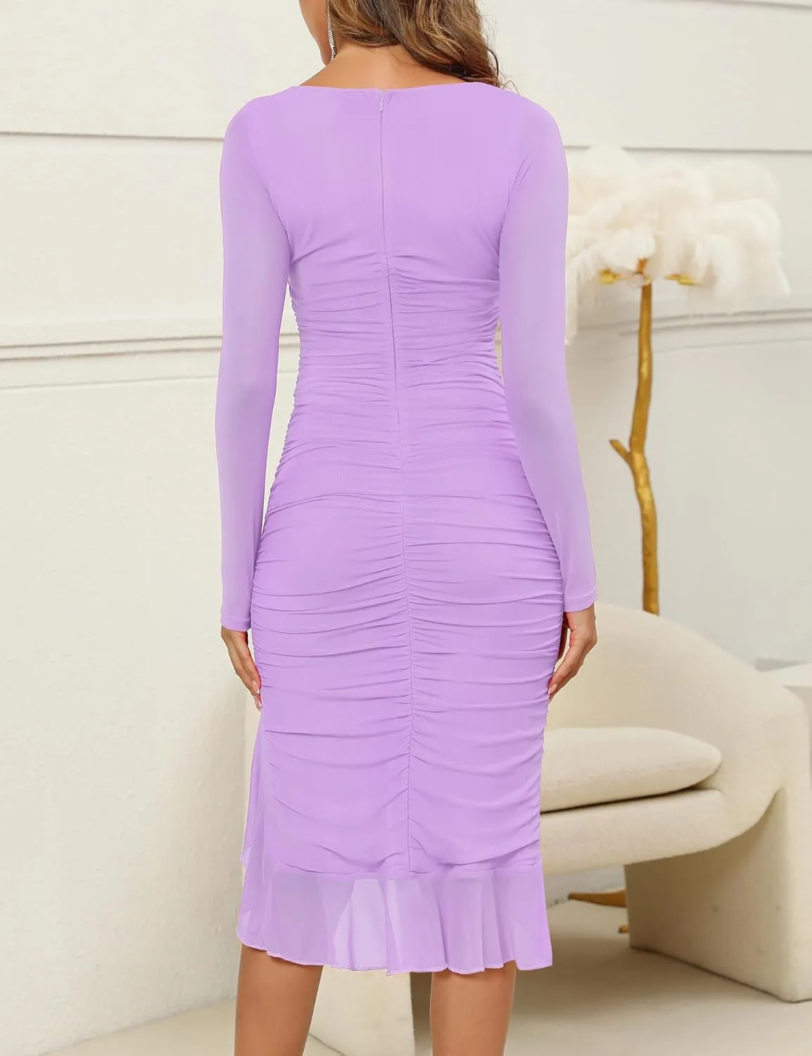 Zattcas Women's 2025 Spring Summer Sexy Ruched Bodycon Midi Dress Mesh Long Sleeve Ruffle Hem Cocktail Wedding Party Dress