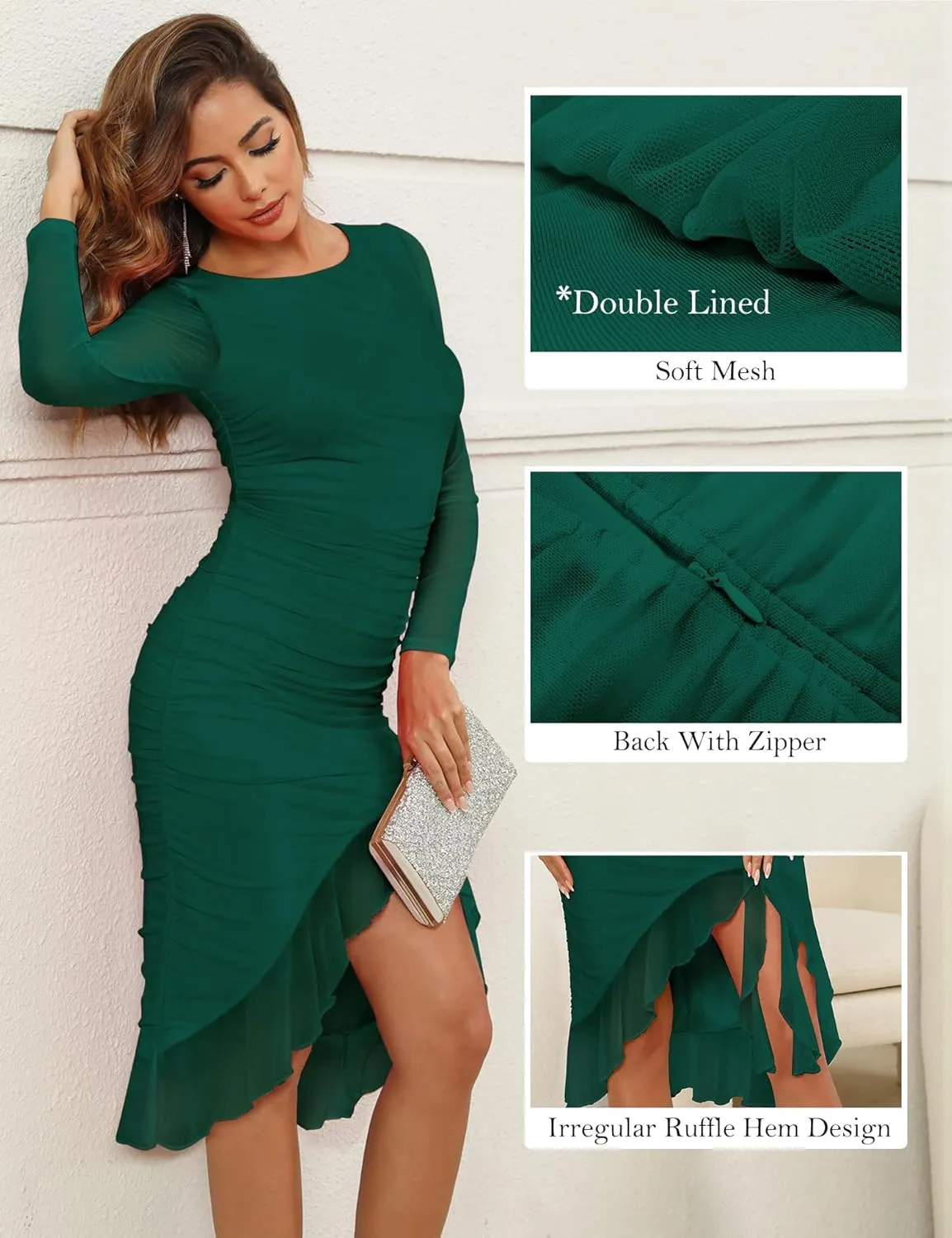 Zattcas Women's 2025 Spring Summer Sexy Ruched Bodycon Midi Dress Mesh Long Sleeve Ruffle Hem Cocktail Wedding Party Dress