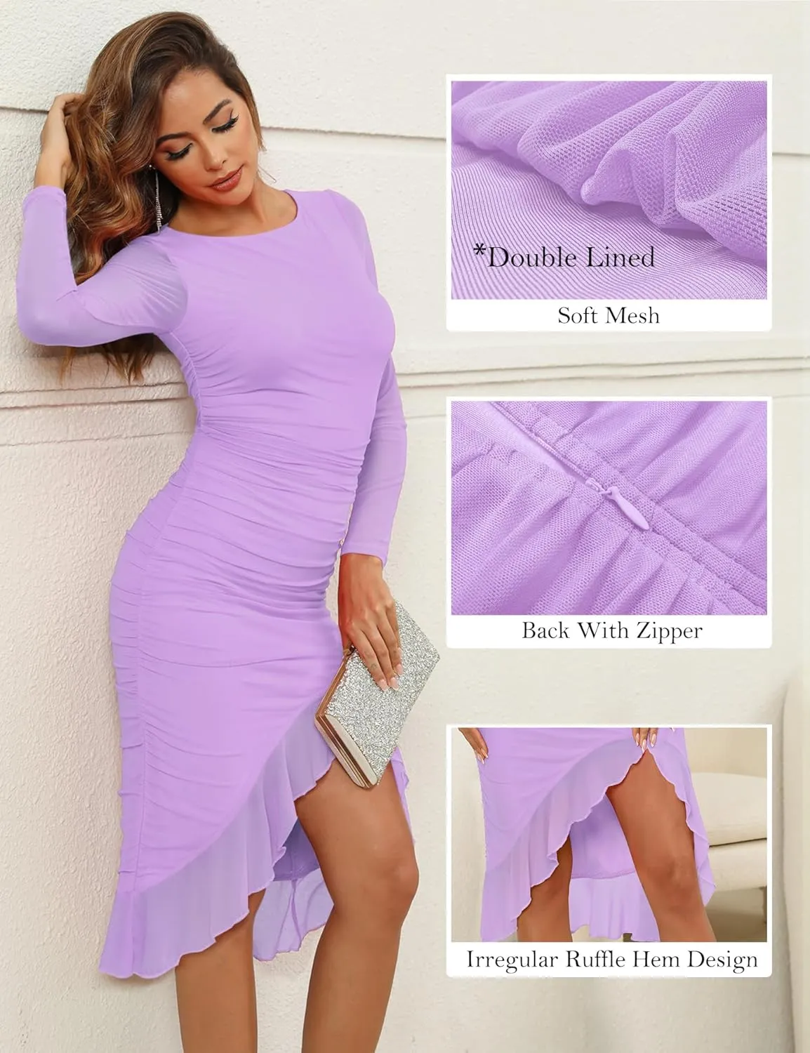 Zattcas Women's 2025 Spring Summer Sexy Ruched Bodycon Midi Dress Mesh Long Sleeve Ruffle Hem Cocktail Wedding Party Dress