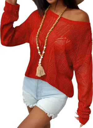 Zeagoo Crochet Tops for Women Off The Shoulder Sweaters Summer Long Sleeve Hollow Out Knit Beach Clothes S-XXL