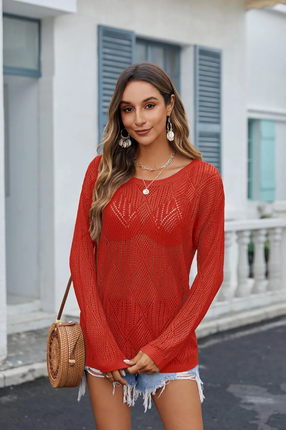 Zeagoo Crochet Tops for Women Off The Shoulder Sweaters Summer Long Sleeve Hollow Out Knit Beach Clothes S-XXL