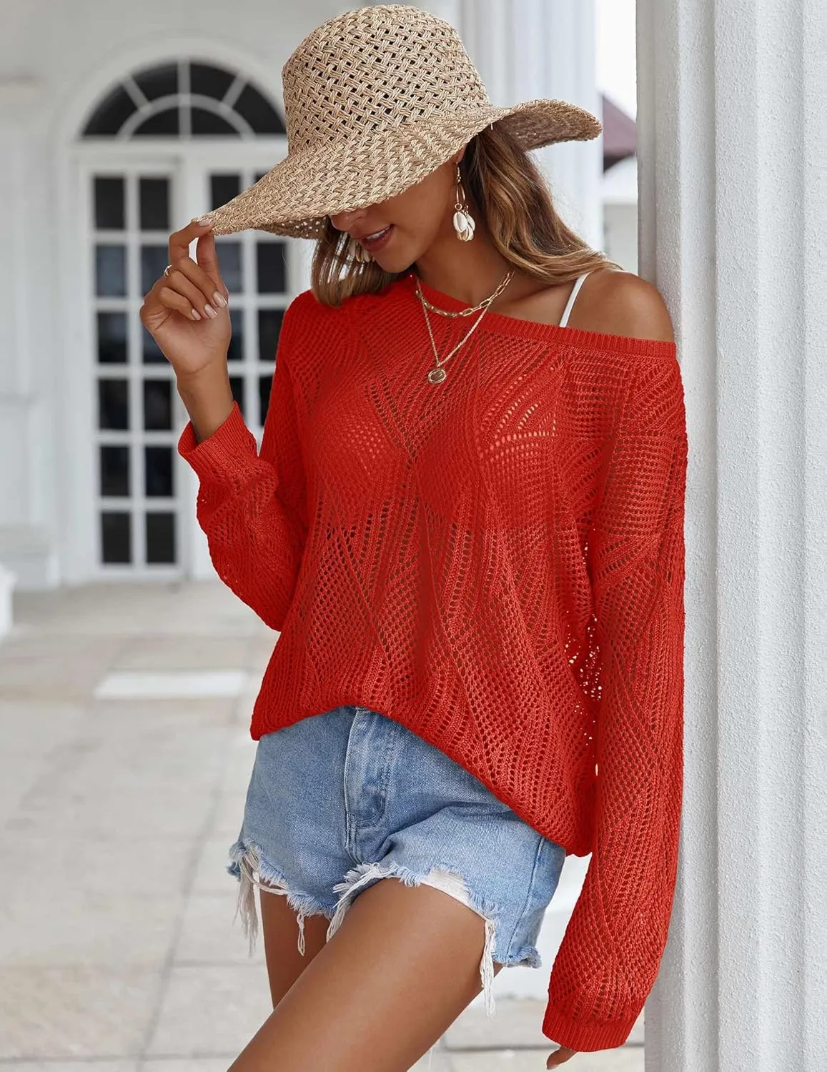 Zeagoo Crochet Tops for Women Off The Shoulder Sweaters Summer Long Sleeve Hollow Out Knit Beach Clothes S-XXL